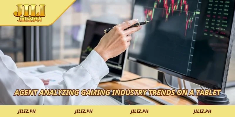 Agent analyzing gaming industry trends on a tablet