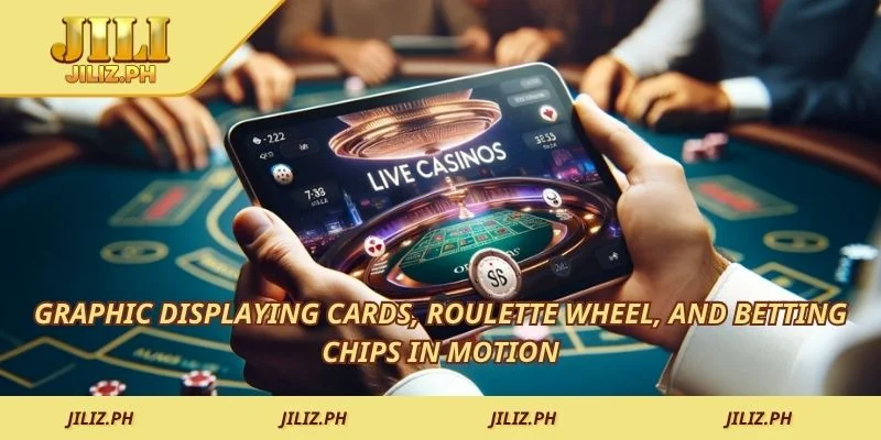 Graphic displaying cards, roulette wheel, and betting chips in motion